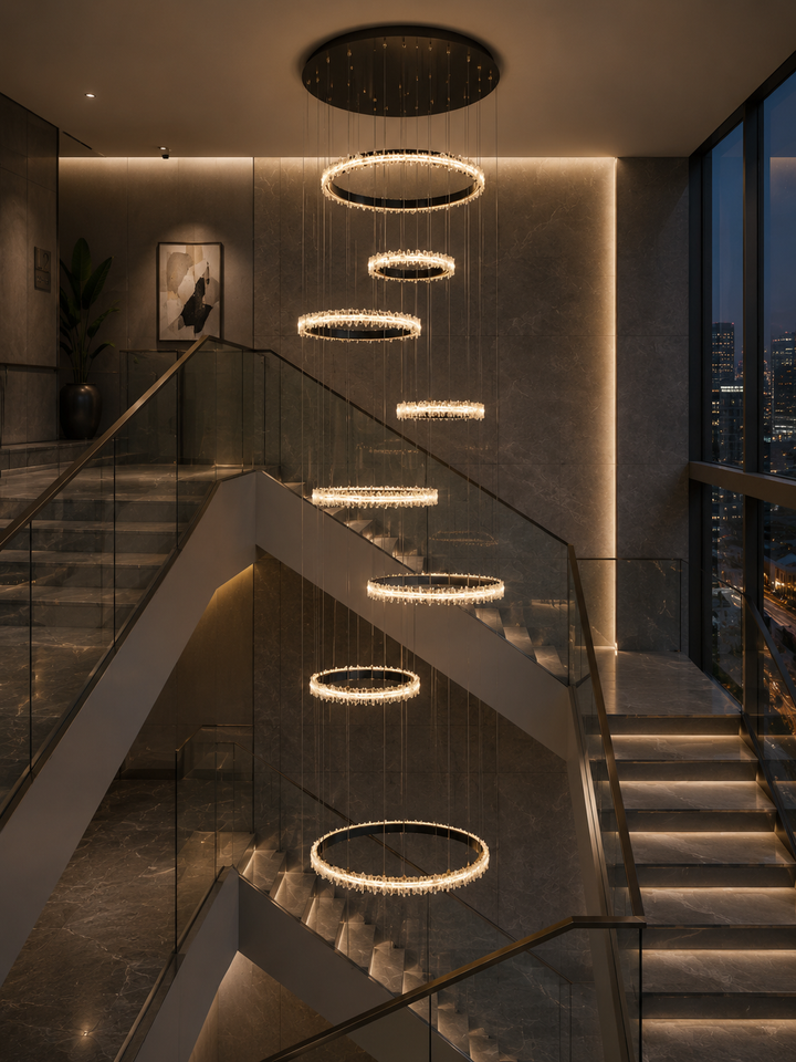 South American crystal and leather multi-ring void pendant in a luxury high-rise staircase void with glass balustrade and city night view, Couro e Cristal Void Pendant by Lucretia