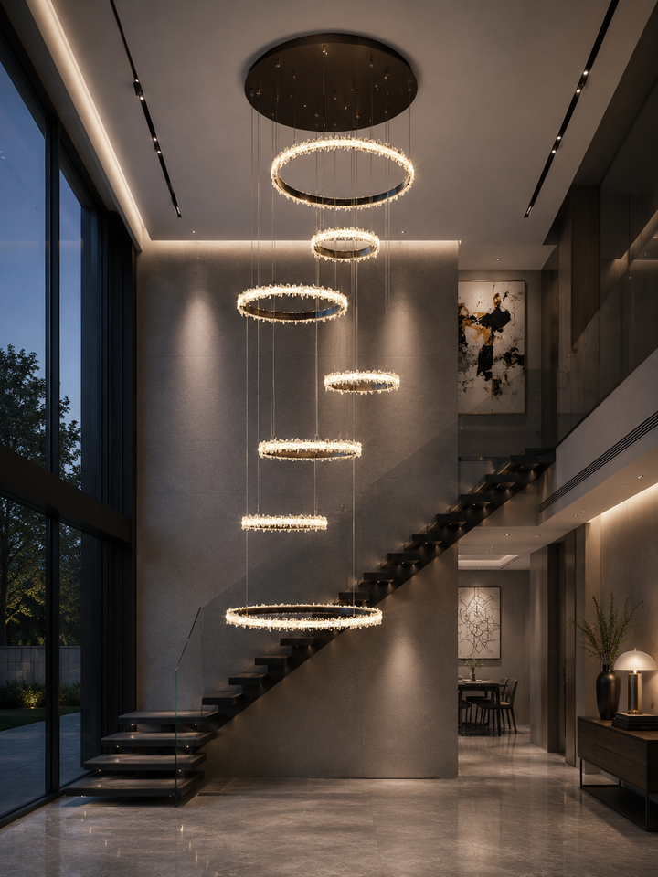 South American crystal and leather multi-ring void pendant in a modern residential double-height staircase entrance with floor-to-ceiling glazing and abstract artwork, Couro e Cristal Void Pendant by Lucretia