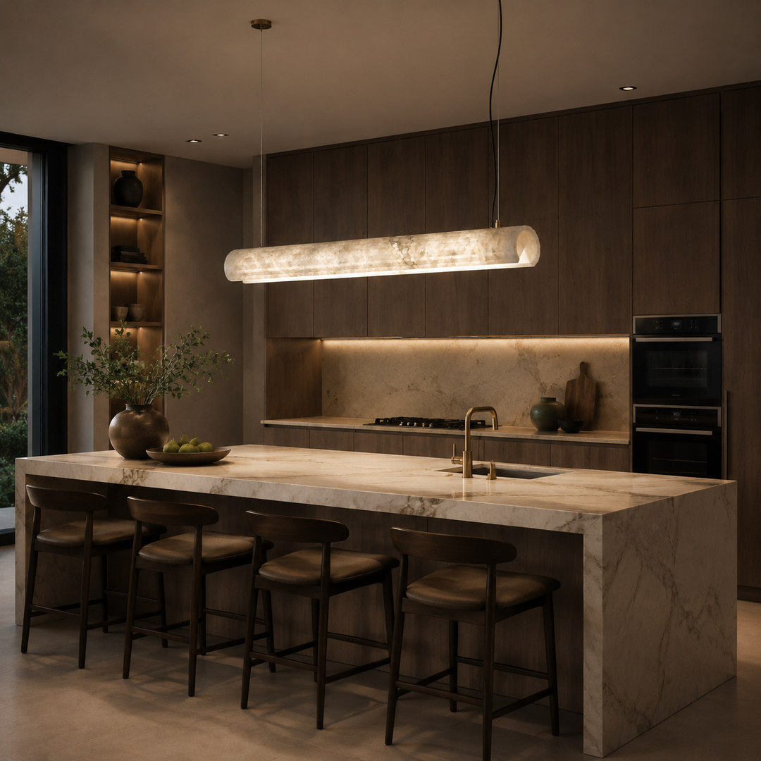 Luxury alabaster linear pendant light above a kitchen island, handcrafted Spanish alabaster LED suspension light for modern kitchens, dining spaces and contemporary luxury interiors.