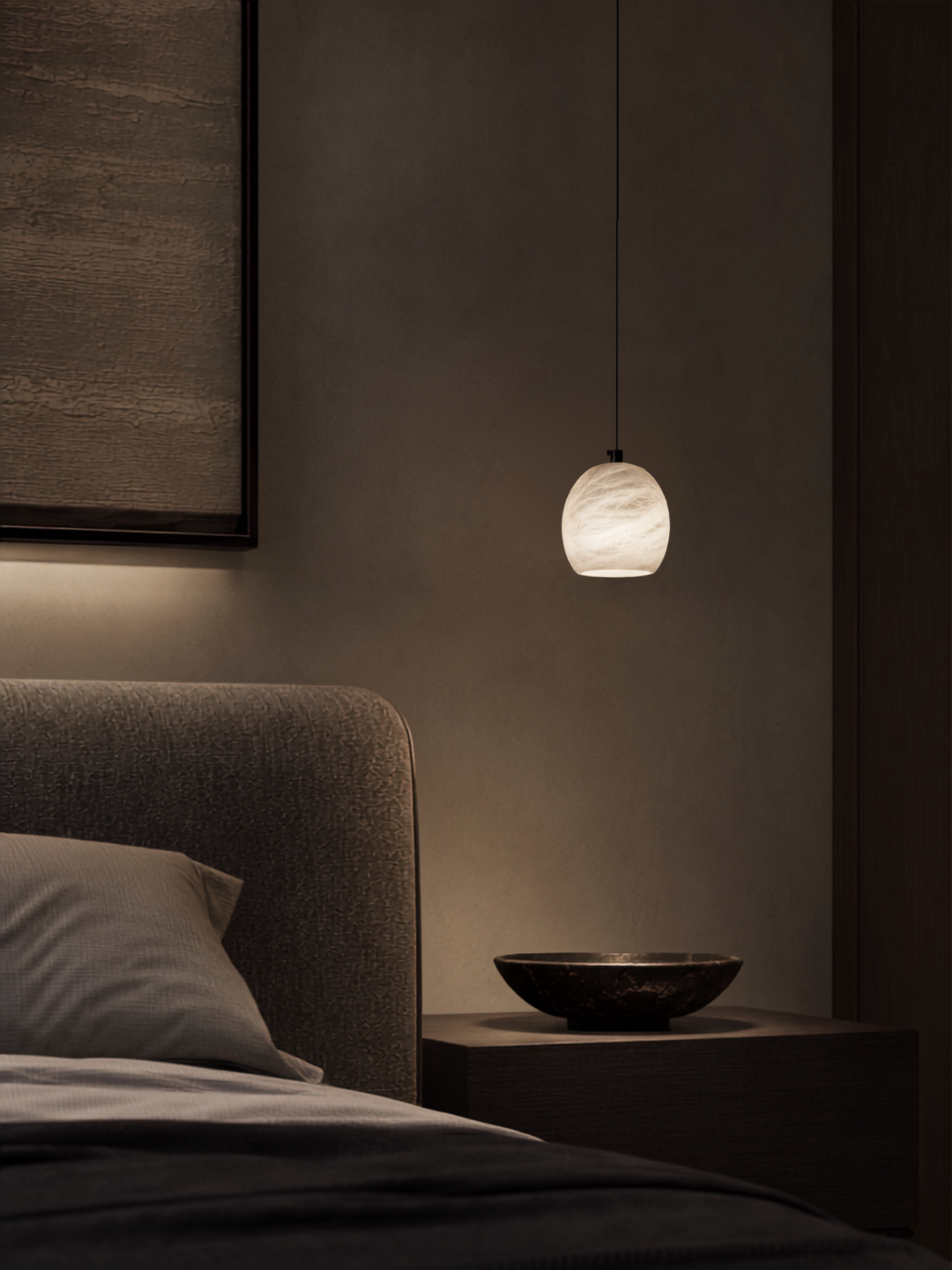 Ovela Spanish alabaster pendant light used as a bedside pendant in a modern bedroom