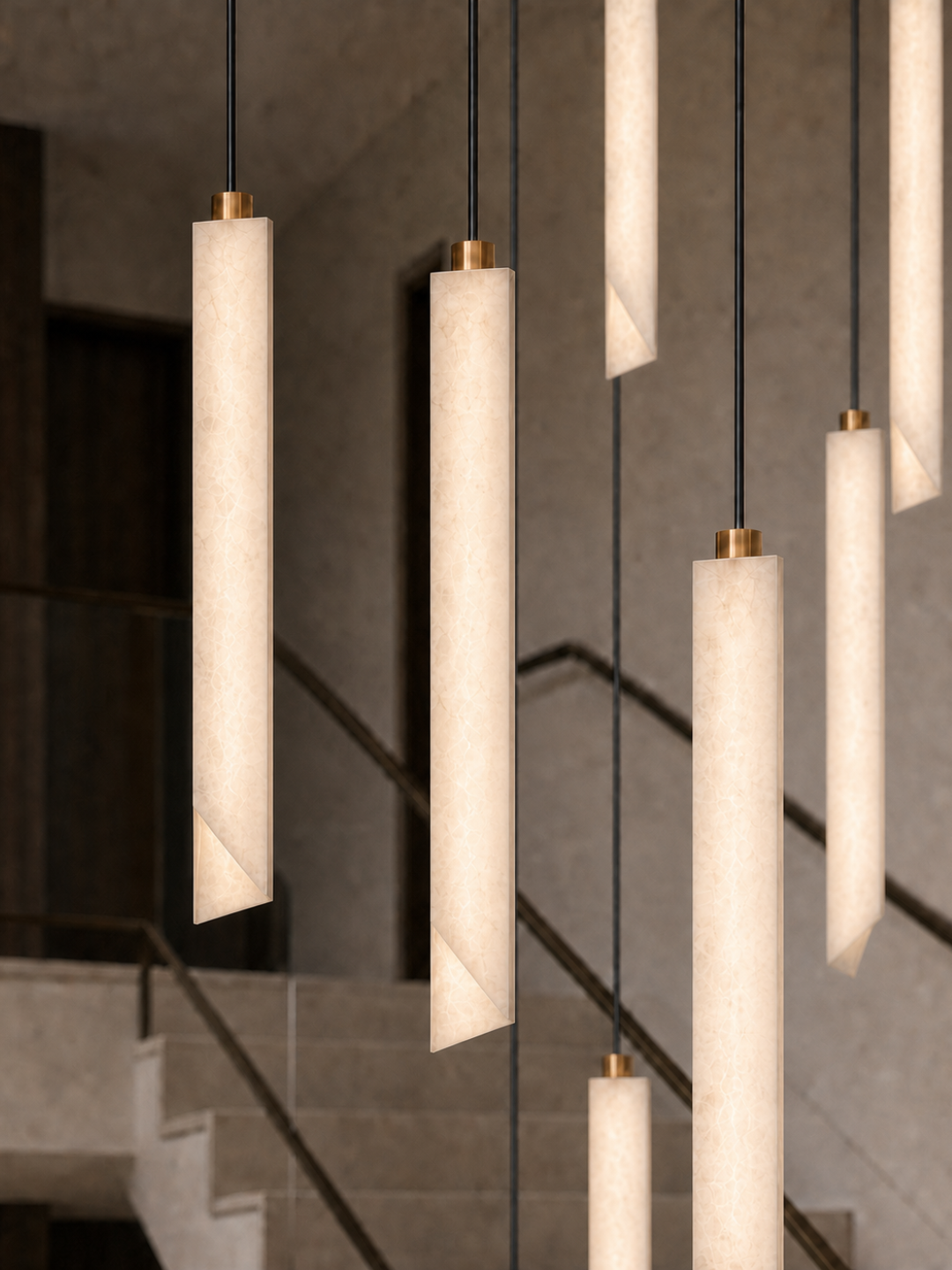 Close-up of the Obelisk Spanish Alabaster Pendant Light showcasing genuine Spanish alabaster, handcrafted brass detailing and integrated LED illumination.