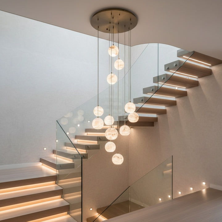 Spanish alabaster pendant light for modern staircase and entry void