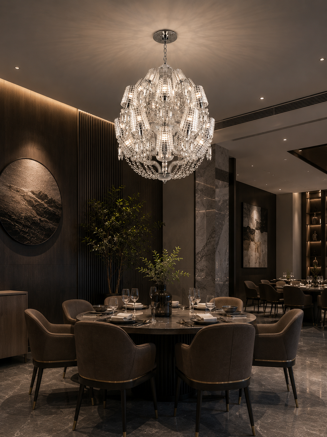 Spherical 24% lead crystal chandelier above a luxury restaurant round dining table with dark timber wall panels and marble flooring, Seraph Crystal Chandelier by Lucretia