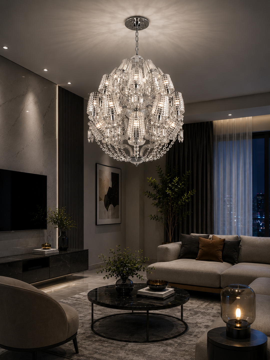 Spherical 24% lead crystal chandelier in a modern luxury living room with city night view, modular sofa and marble coffee table, Seraph Crystal Chandelier by Lucretia