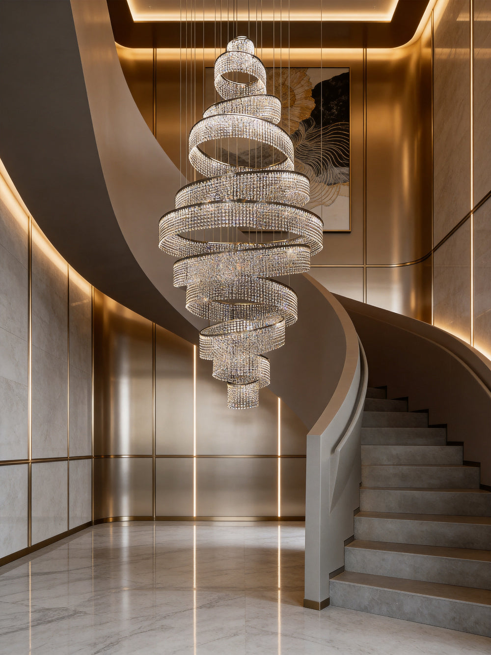 Spiral crystal chandelier in a luxury residential staircase void with warm gold interior and marble flooring, Luminous Eleven Bespoke Lighting by Lucretia