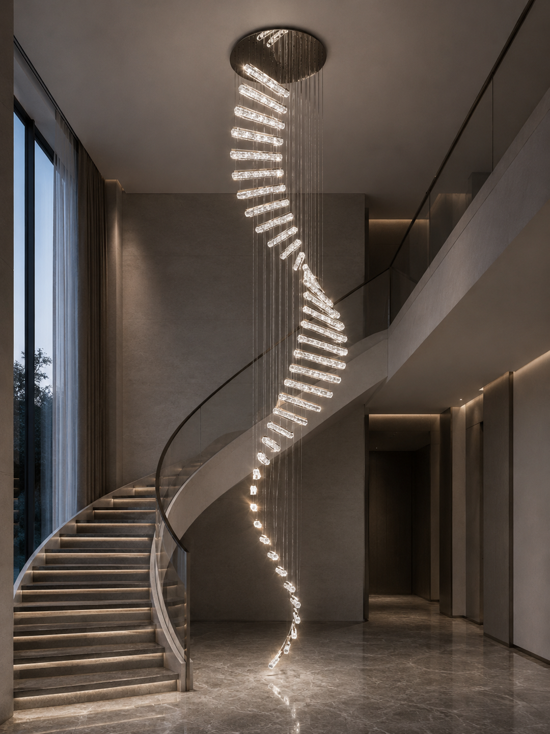 Spiral crystal staircase chandelier suspended in a luxury residential void alongside a curved staircase with marble flooring and floor-to-ceiling windows at dusk, Escalier de Cristal Custom Pendant by Lucretia