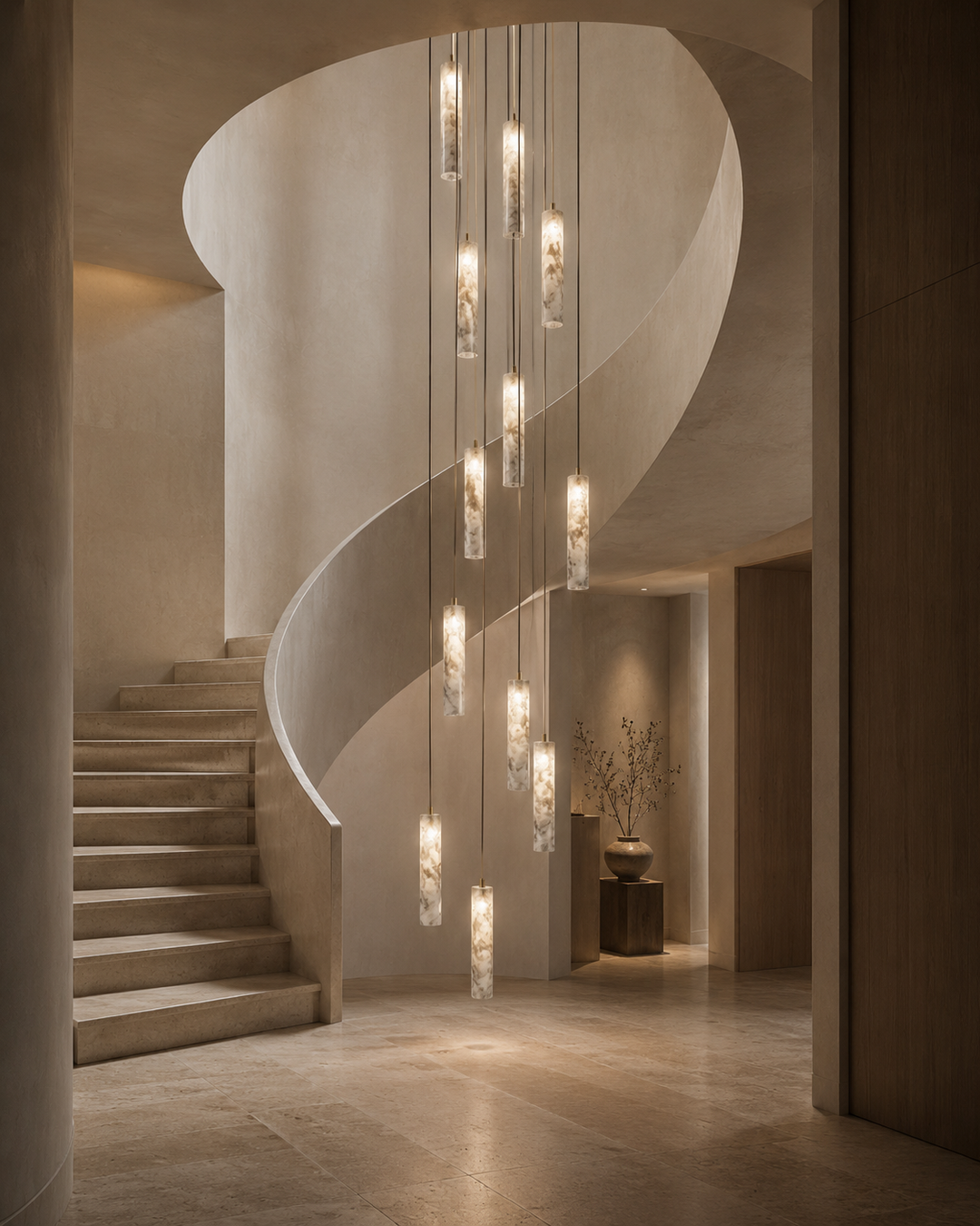 Luxury spiral staircase chandelier featuring handcrafted natural alabaster pendant lights cascading through a contemporary stairwell, creating a bespoke architectural lighting installation in a modern private residence.