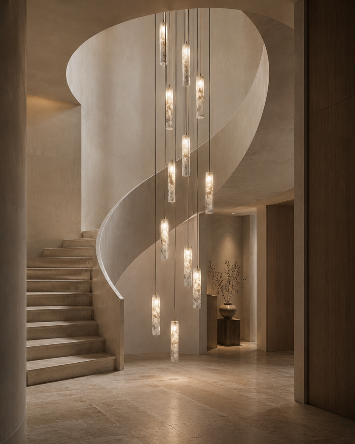 Luxury spiral staircase chandelier featuring handcrafted natural alabaster pendant lights cascading through a contemporary stairwell, creating a bespoke architectural lighting installation in a modern private residence.