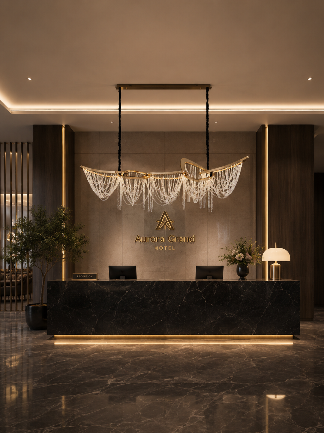 Starlit Grace 2000 Pendant Light with draped crystal strands above a black marble reception desk in a luxury hotel lobby