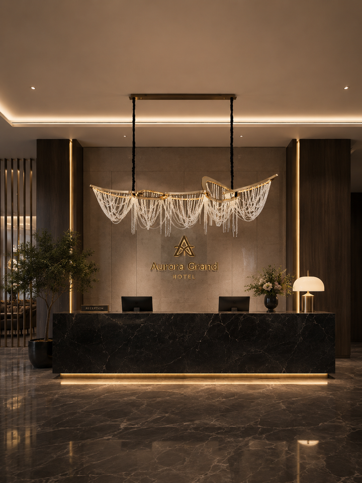 Starlit Grace 2000 Pendant Light with draped crystal strands above a black marble reception desk in a luxury hotel lobby