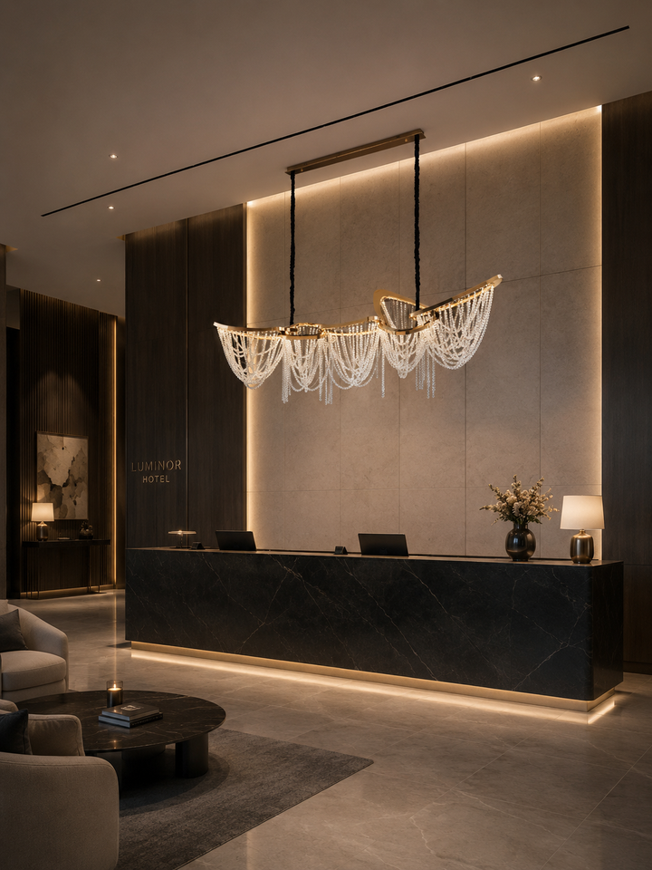 Starlit Grace 2000 Pendant Light, a linear gold fitting with cascading crystal strands, above a marble reception desk in a hotel lobby