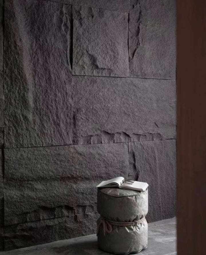 Close-up of lightweight stone-look wall panels with natural stone texture