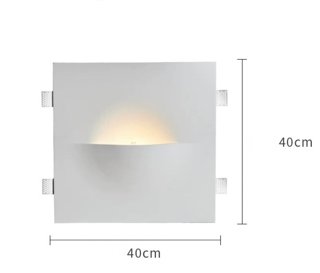 sunrise gypsum wall light displayed with dimensions showing its curved indirect LED lighting design