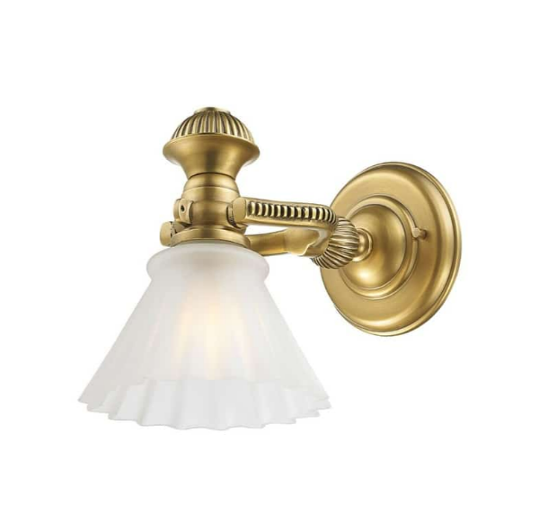 designer brass wall light with fluted glass shade shown in side view suitable for indoor wall lighting hallway wall light and elegant ambient home lighting