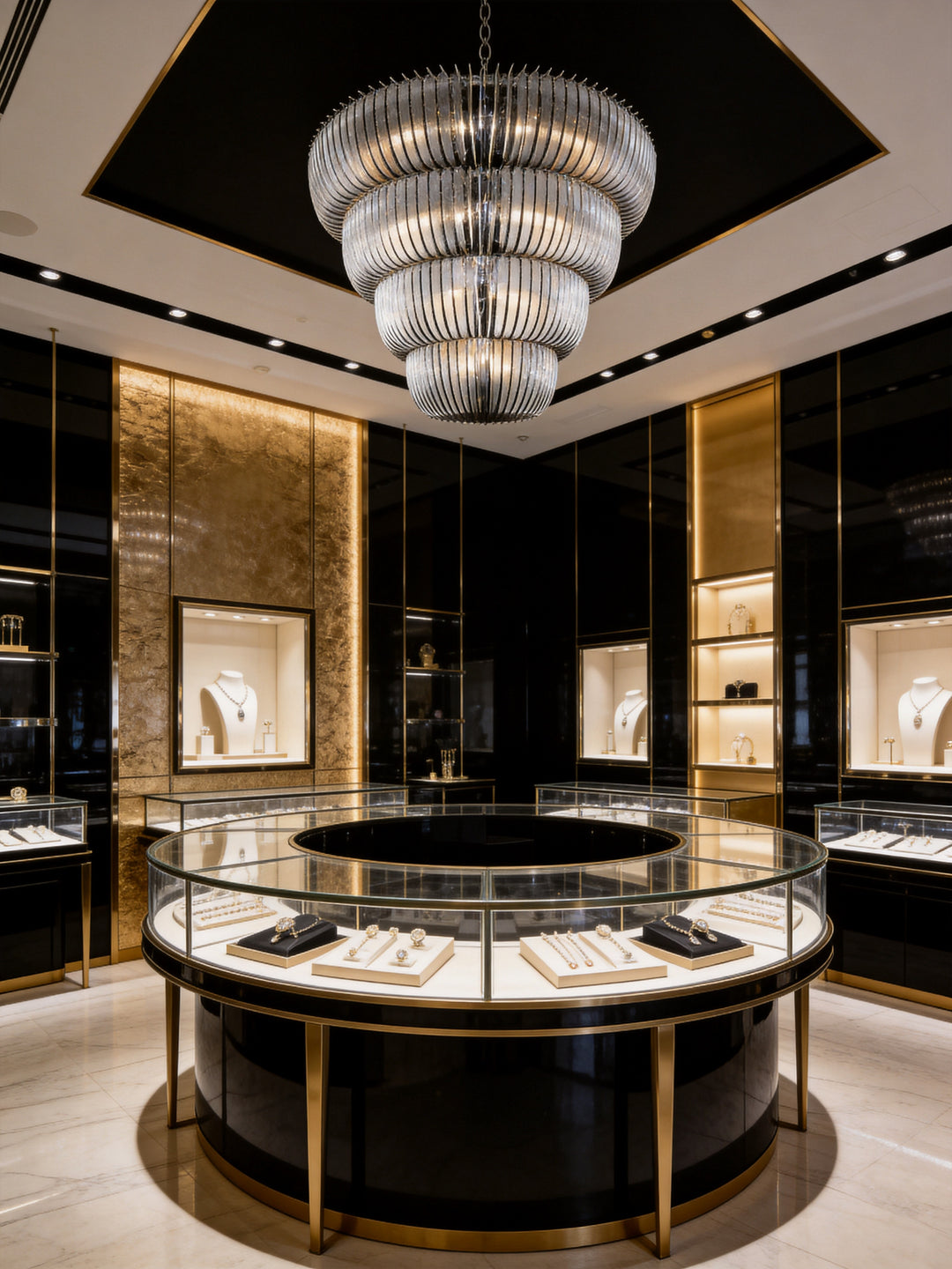 Tiered hand-cut lead crystal chandelier installed in a luxury jewellery boutique with black and gold display cases, Opus Luxe Chandelier by Lucretia