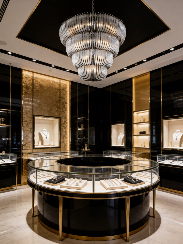 Tiered hand-cut lead crystal chandelier installed in a luxury jewellery boutique with black and gold display cases, Opus Luxe Chandelier by Lucretia