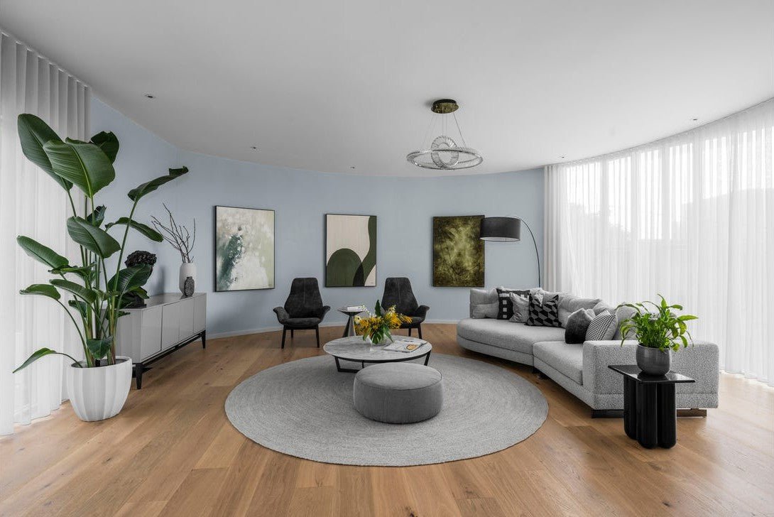 Pharaoh pendant in the sitting room along the curved glass wall