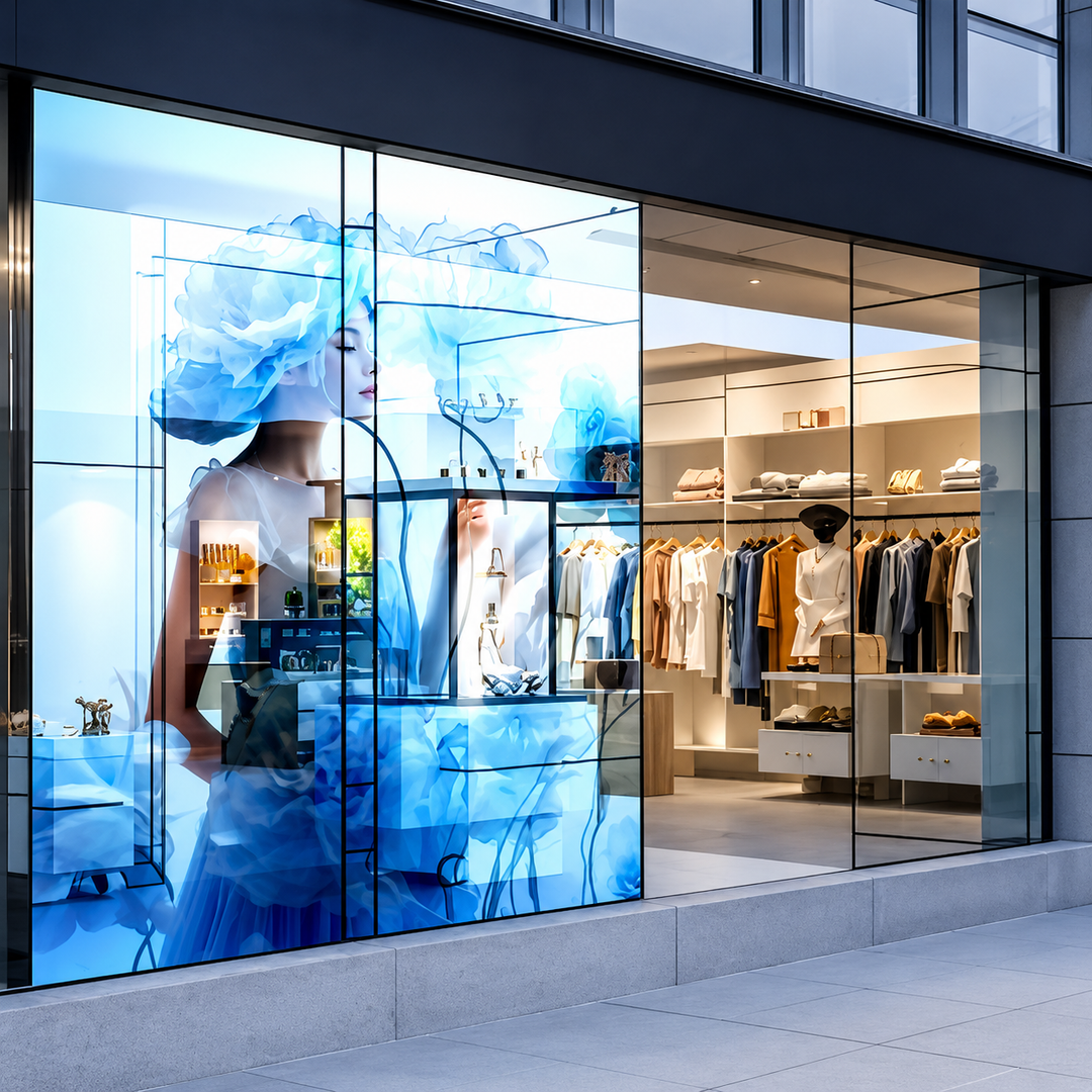Transparent LED Film installed on a retail shop window creating a high-impact digital storefront display