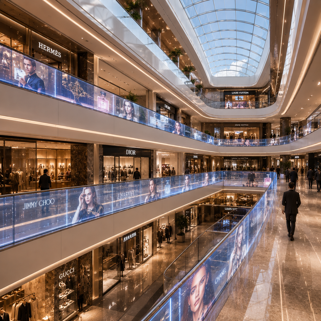 Transparent LED Glass Balustrade Display in Luxury Shopping Mall Atrium