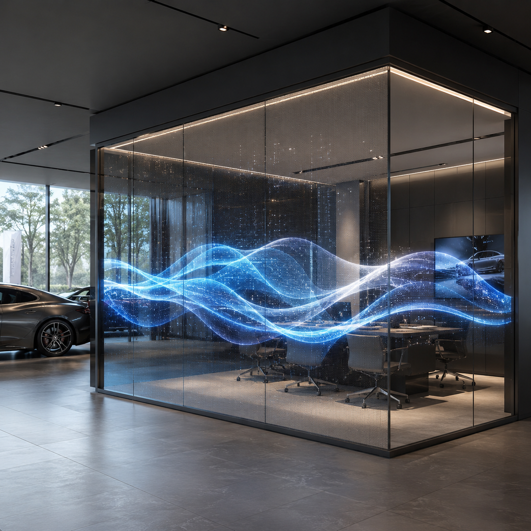 transparent LED Glass Display integrated into a modern office meeting room glass partition