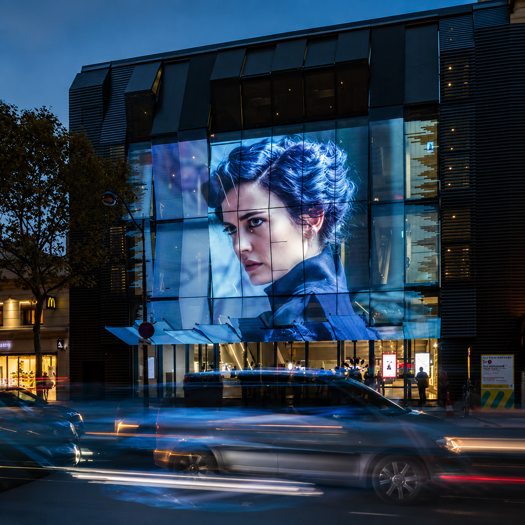 Transparent LED Mesh Display installed on a commercial glass facade for large-scale digital advertising