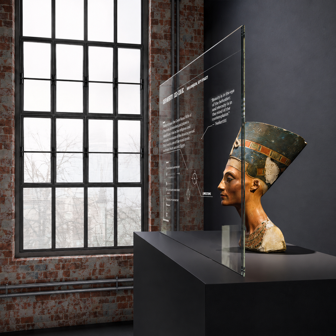 Transparent OLED museum display showcasing artefacts with digital interpretation and information overlays