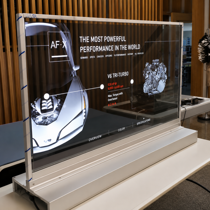 Transparent OLED retail signage display for promotions, product launches and customer engagement