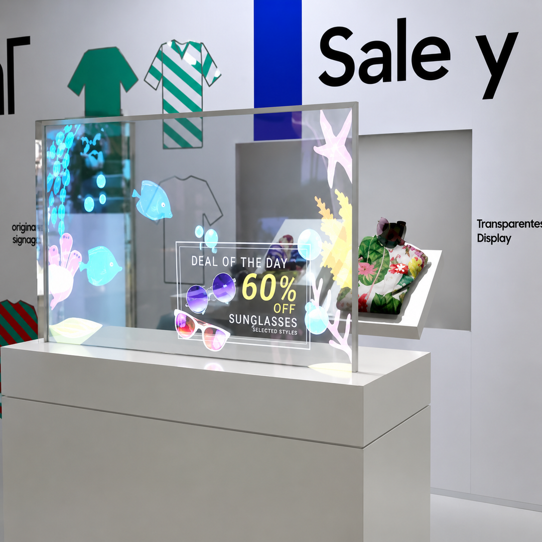Transparent OLED retail signage display for promotions, product launches and customer engagement