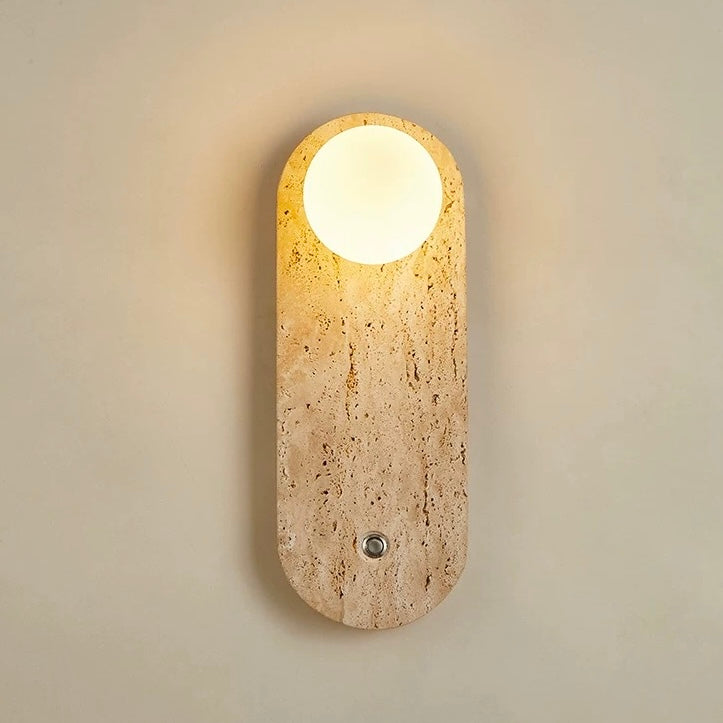 travertineglow 350 elongated travertine stone wall lamp with warm glass diffuser providing soft ambient LED wall lighting