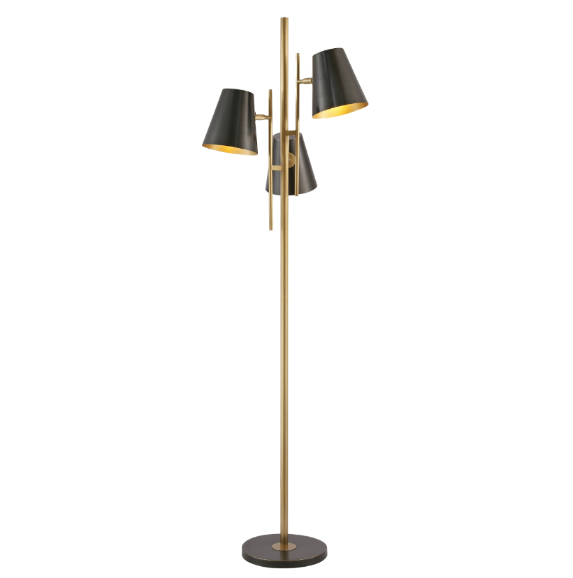 Trenton Floor Lamp with brass and black finish featuring three adjustable modern shades.