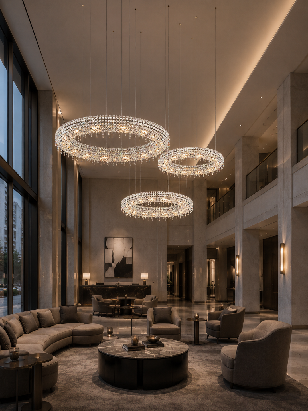 Trinity Halo Chandelier Trio of three crystal halo rings in a double-height lounge with curved sofa and reception beyond