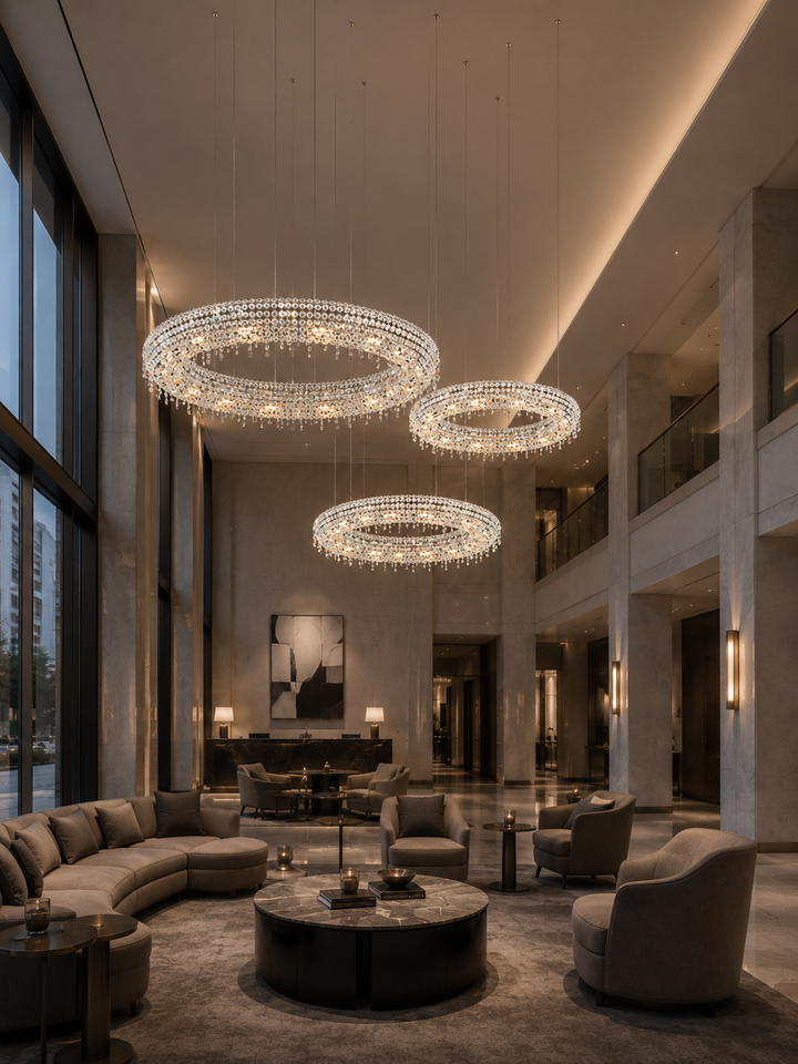 Trinity Halo Chandelier Trio of three crystal halo rings in a double-height lounge with curved sofa and reception beyond