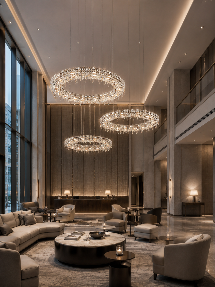 Trinity Halo Chandelier Trio of three tiered crystal halo rings suspended in a grand double-height hotel reception lounge