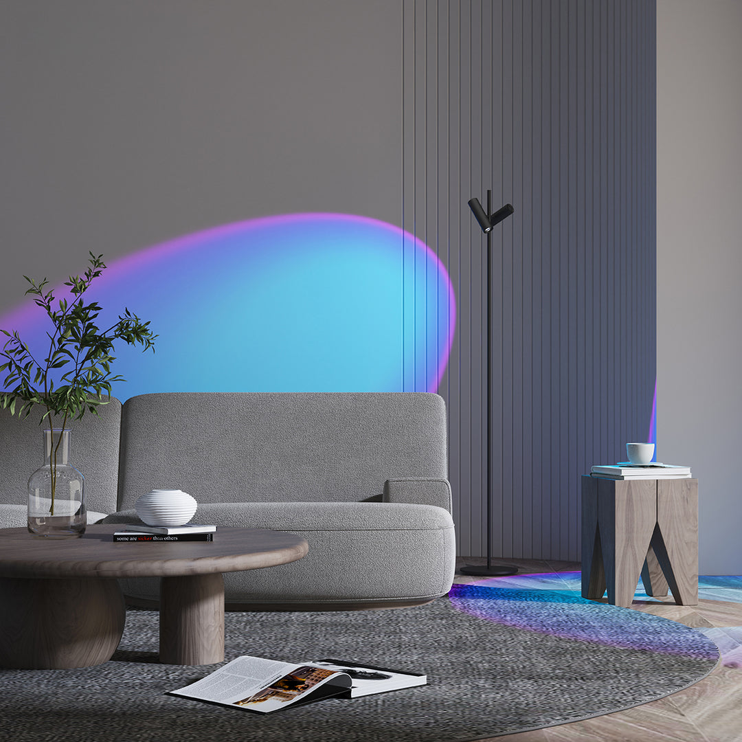 Twilight floor lamp projecting soft colourful ambient lighting beside a modern sofa, shown in fluorescent green mode.