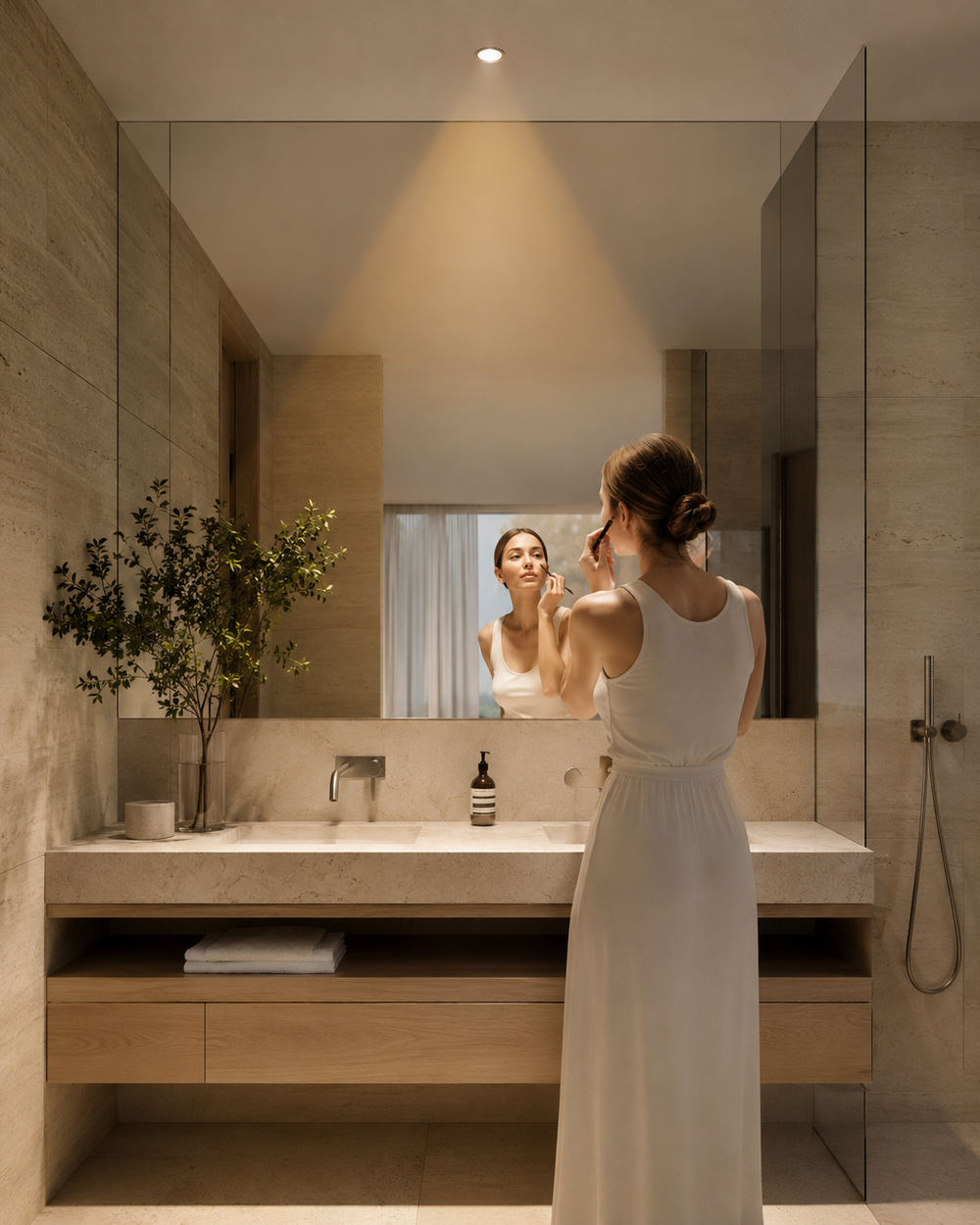 Luxury bathroom featuring the Vanity 75 architectural downlight providing balanced shadow-free facial lighting at the mirror.