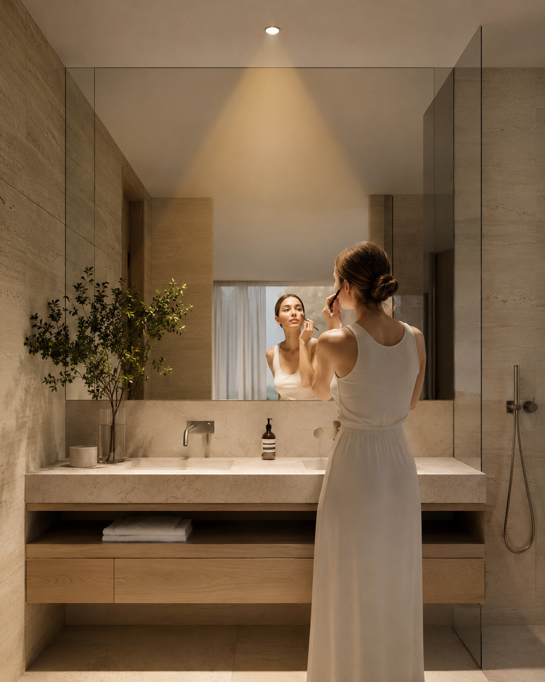 Luxury bathroom featuring the Vanity 75 architectural downlight providing balanced shadow-free facial lighting at the mirror.