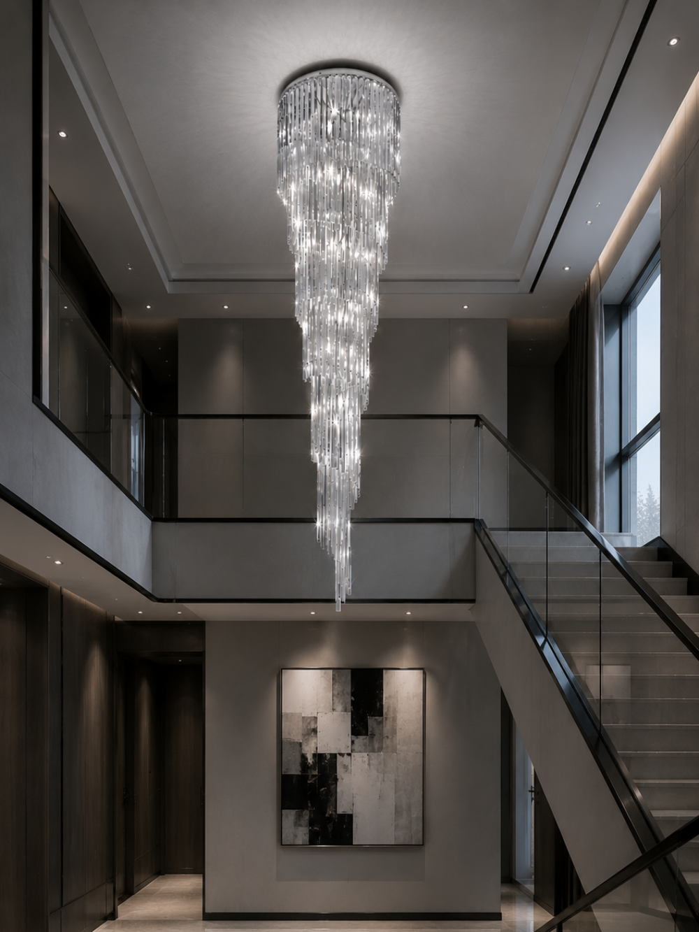 Vega Chandelier with cascading crystal rods in a contemporary double-height residential void with glass balustrade staircase