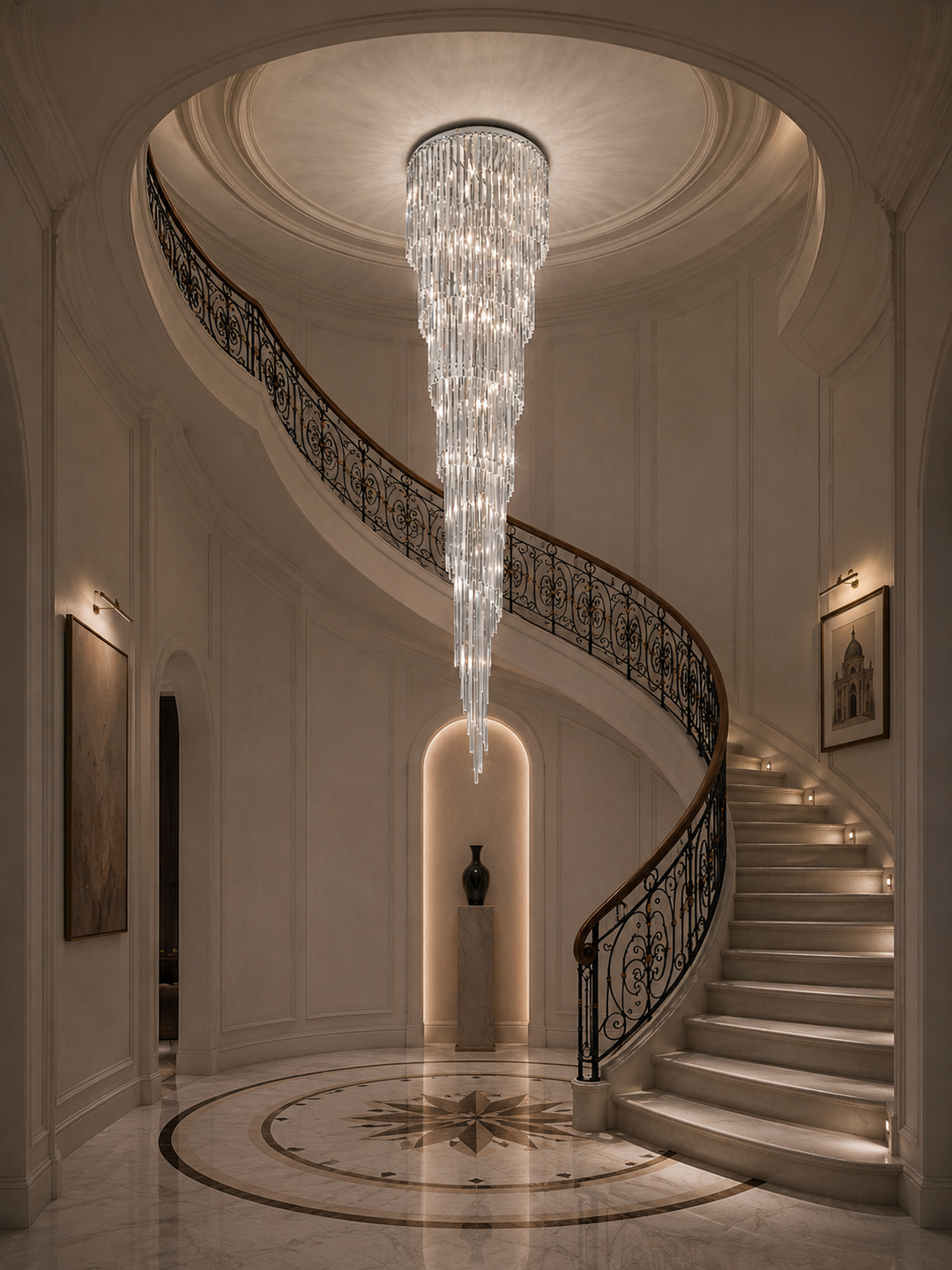 Vega Chandelier suspended through a grand residential foyer with a curved staircase, domed ceiling and marble medallion floor
