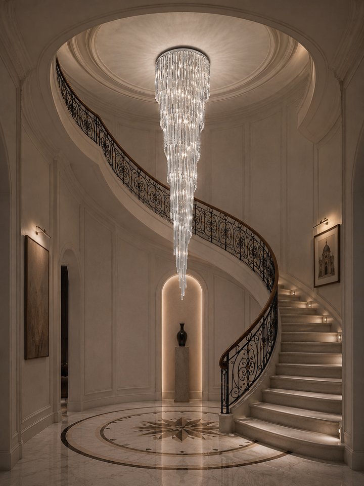 Vega Chandelier suspended through a grand residential foyer with a curved staircase, domed ceiling and marble medallion floor