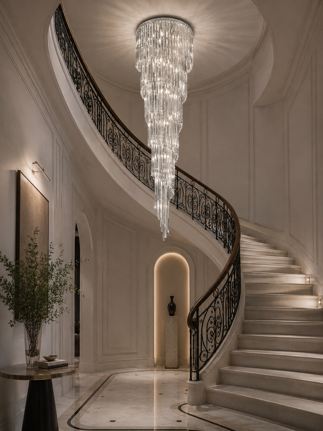 Vega Chandelier of tiered crystal rods descending beside a sweeping spiral staircase with wrought-iron balustrade in a luxury home