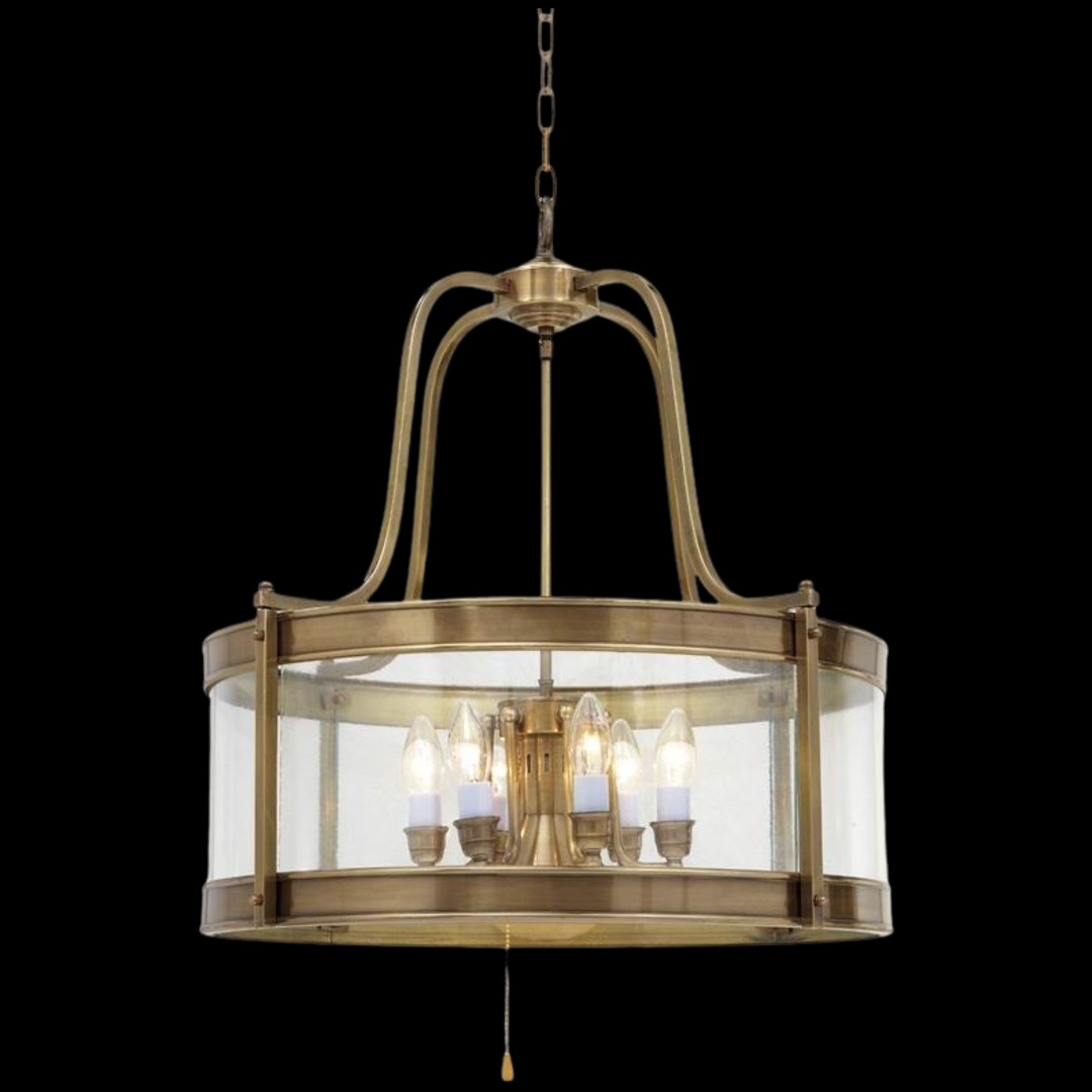 Versailles brass pendant lamp with clear glass panels and drum-shaped design for indoor or outdoor lighting.