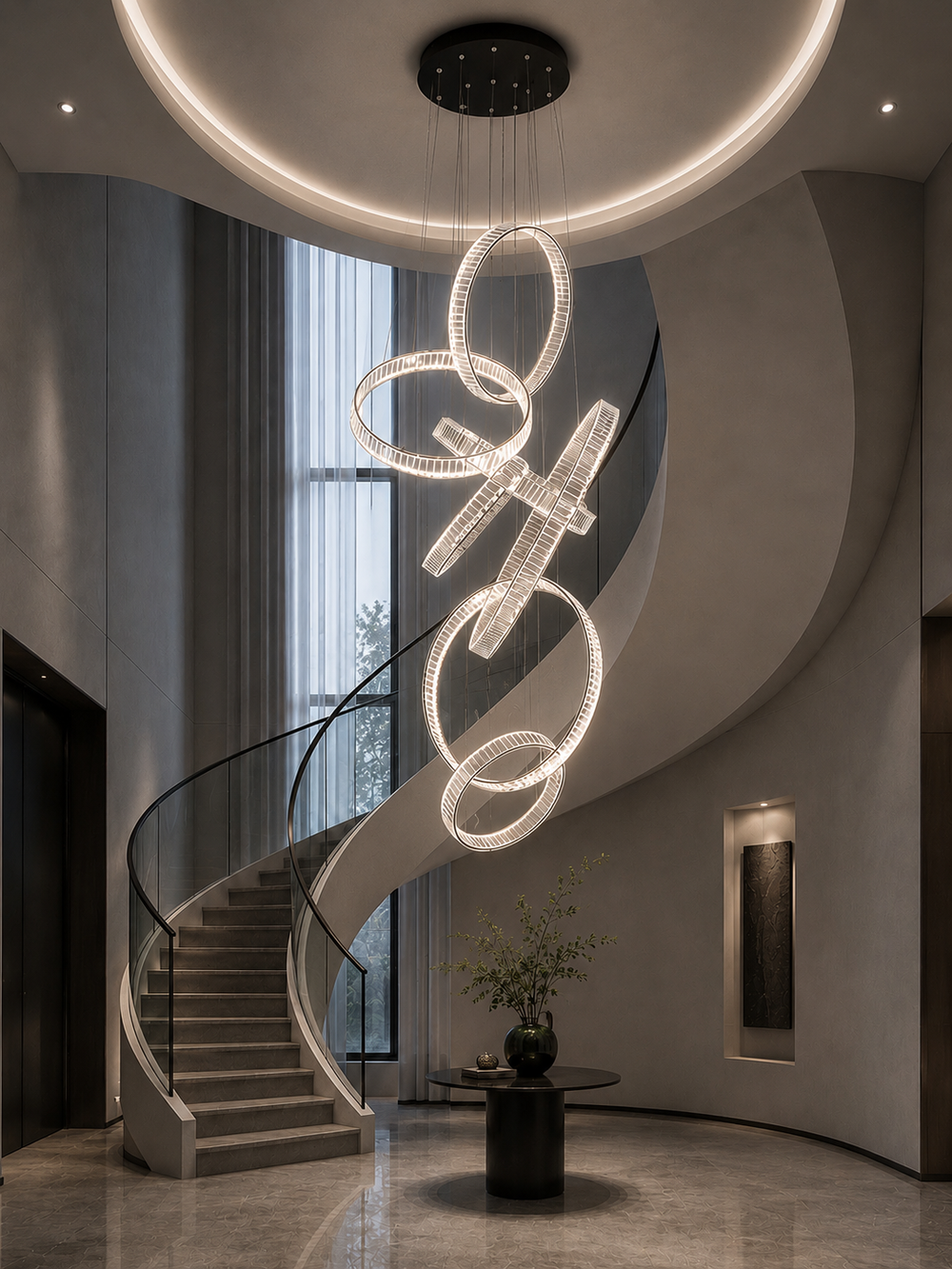 Vertical cascading crystal ring chandelier in a luxury curved staircase void with circular ceiling detail, warm grey marble flooring and round side table, Pharaoh Vertical Custom Crystal Chandelier by Lucretia