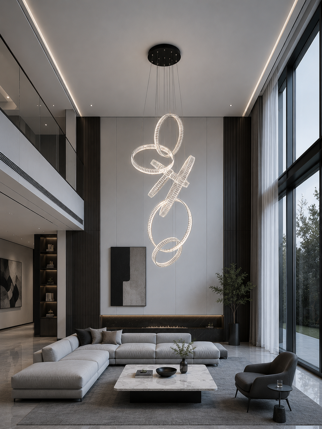 Vertical cascading crystal ring chandelier in a modern double-height living room with linear fireplace, dark timber panels and floor-to-ceiling glazing, Pharaoh Vertical Custom Crystal Chandelier by Lucretia
