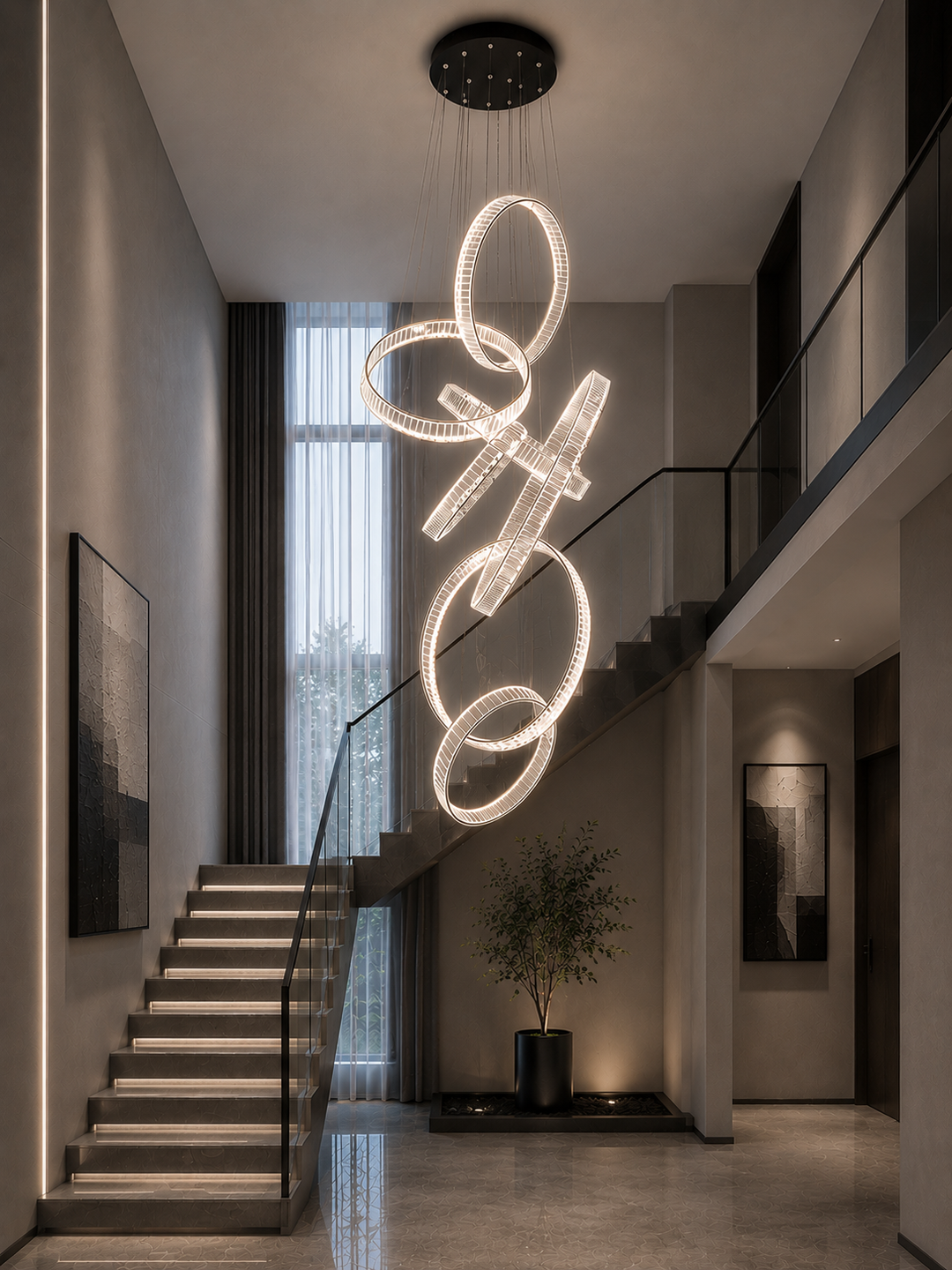 Vertical cascading crystal ring chandelier alongside a modern residential straight staircase with warm lighting, floor-to-ceiling window and decorative indoor plant, Pharaoh Vertical Custom Crystal Chandelier by Lucretia