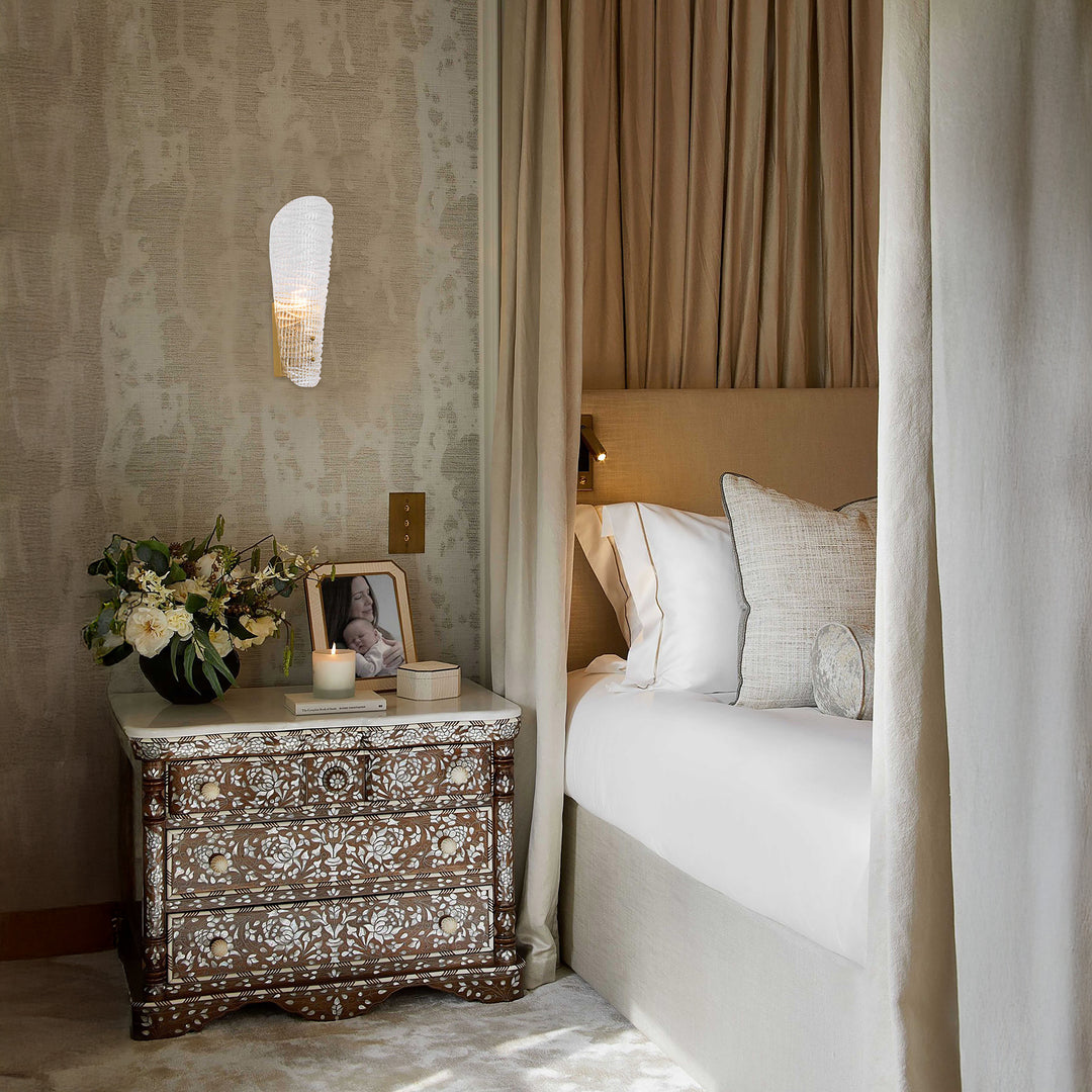 luxury vetraleaf wall light in bedroom interior showing designer wall lamp with soft ambient lighting for modern home decor