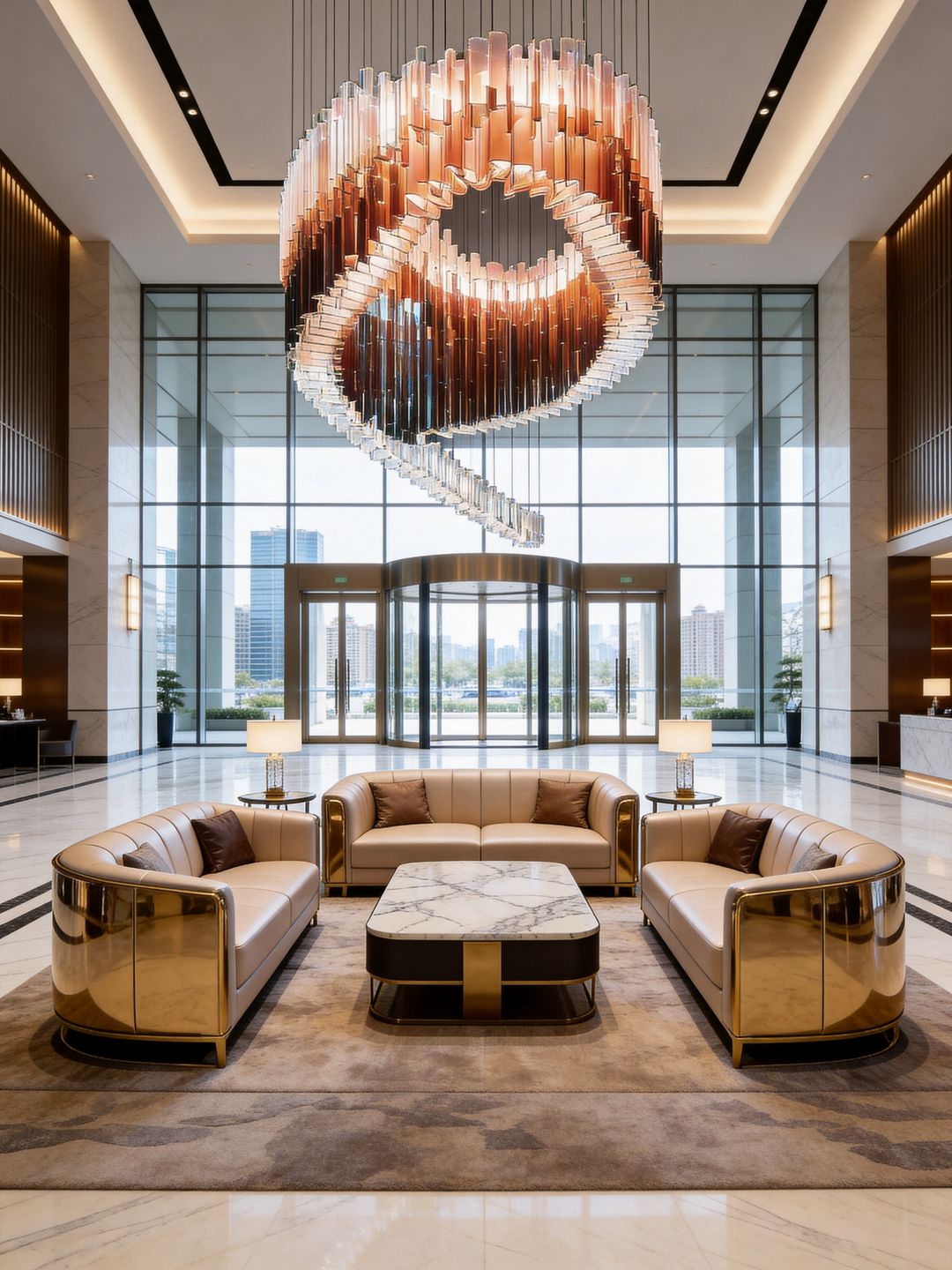 Virella bespoke glass pendant light in luxury hotel lobby with sculptural suspended architectural lighting