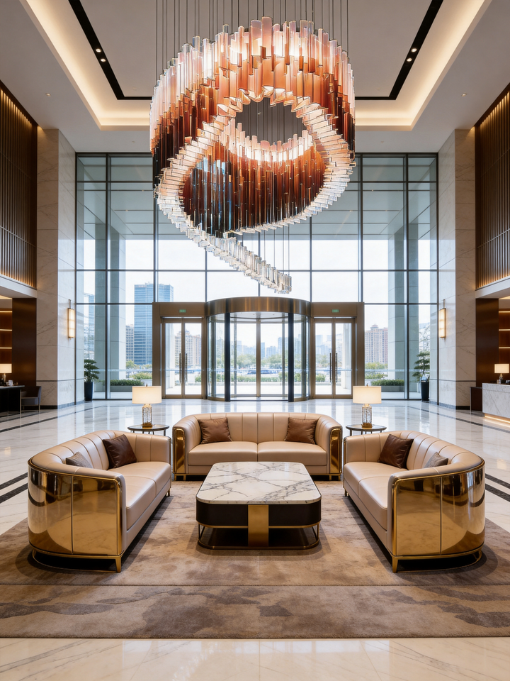 Virella bespoke glass pendant light in luxury hotel lobby with sculptural suspended architectural lighting