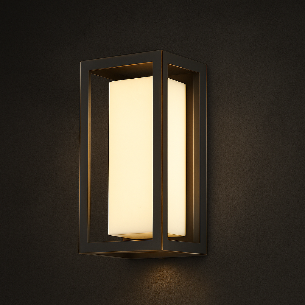 Vista brass outdoor wall light with a cube-framed open structure and a warm faux alabaster diffuser in a matte black brass finish.