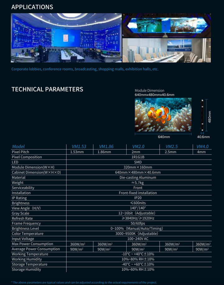 VM Series fine pitch LED display showing application scenarios and full technical specifications for commercial video wall installations