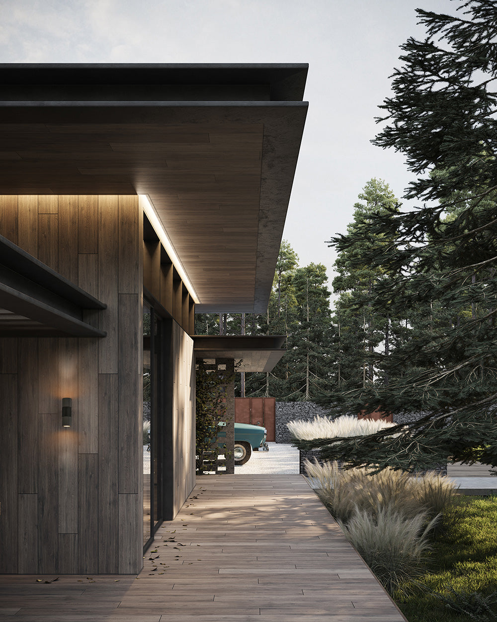 Exterior view showing the W0100 architectural wall light installed on a modern facade.